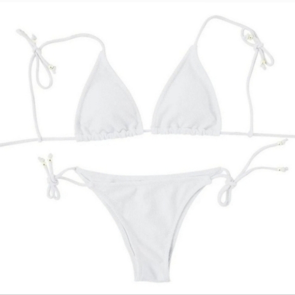 New White Ribbed Tie Shoulder Tie Side Triangle Bikini Set Swimsuit Size L - Picture 4 of 5